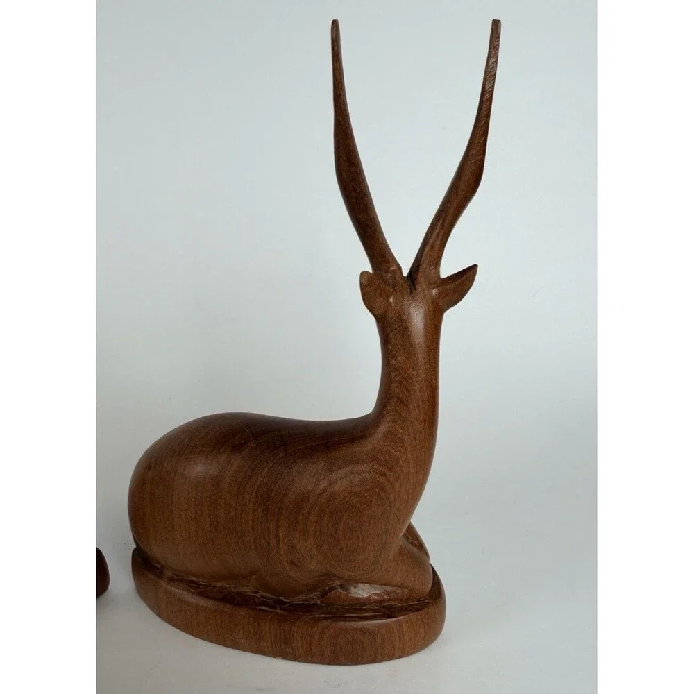 Mid Century Hand Carved Teak Wood Antelope Gazelles Figurines Pair MCM Vintage ￼